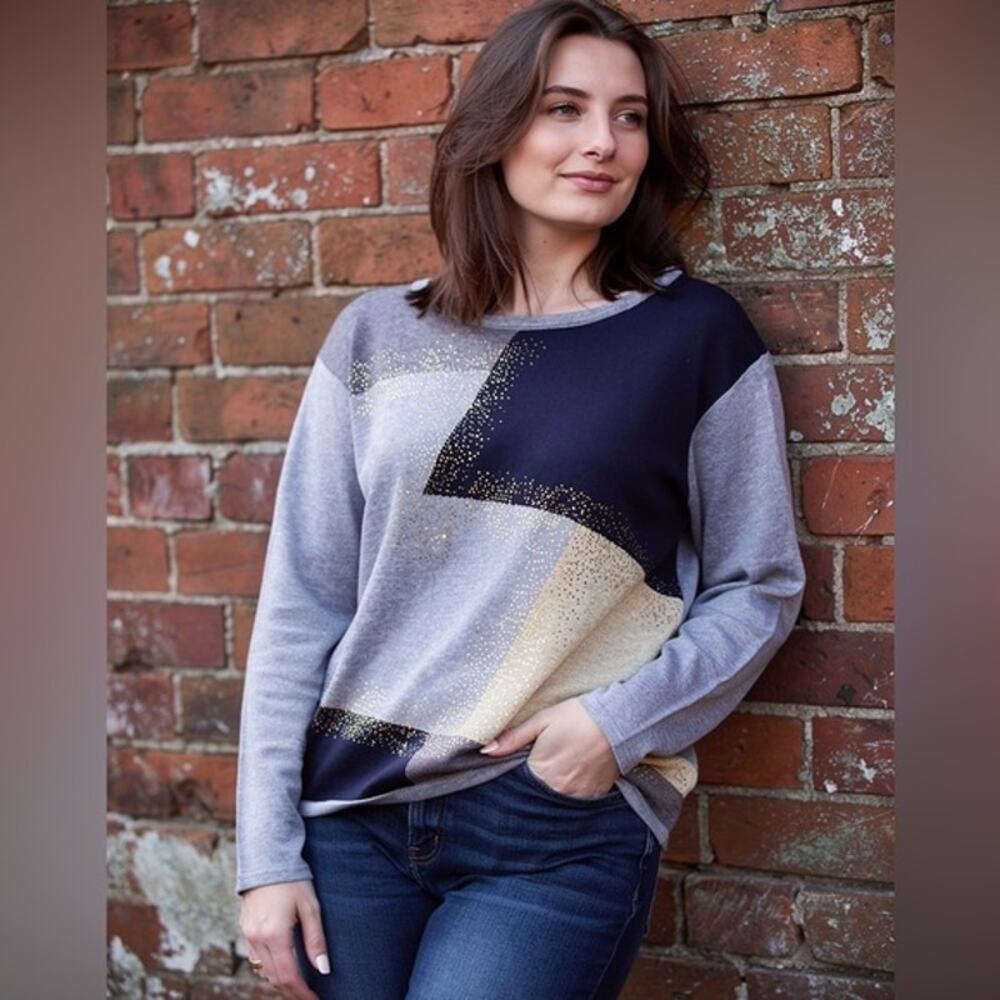 N Touch Studded Scoop Neck Color Block Knit Sweater Sz L